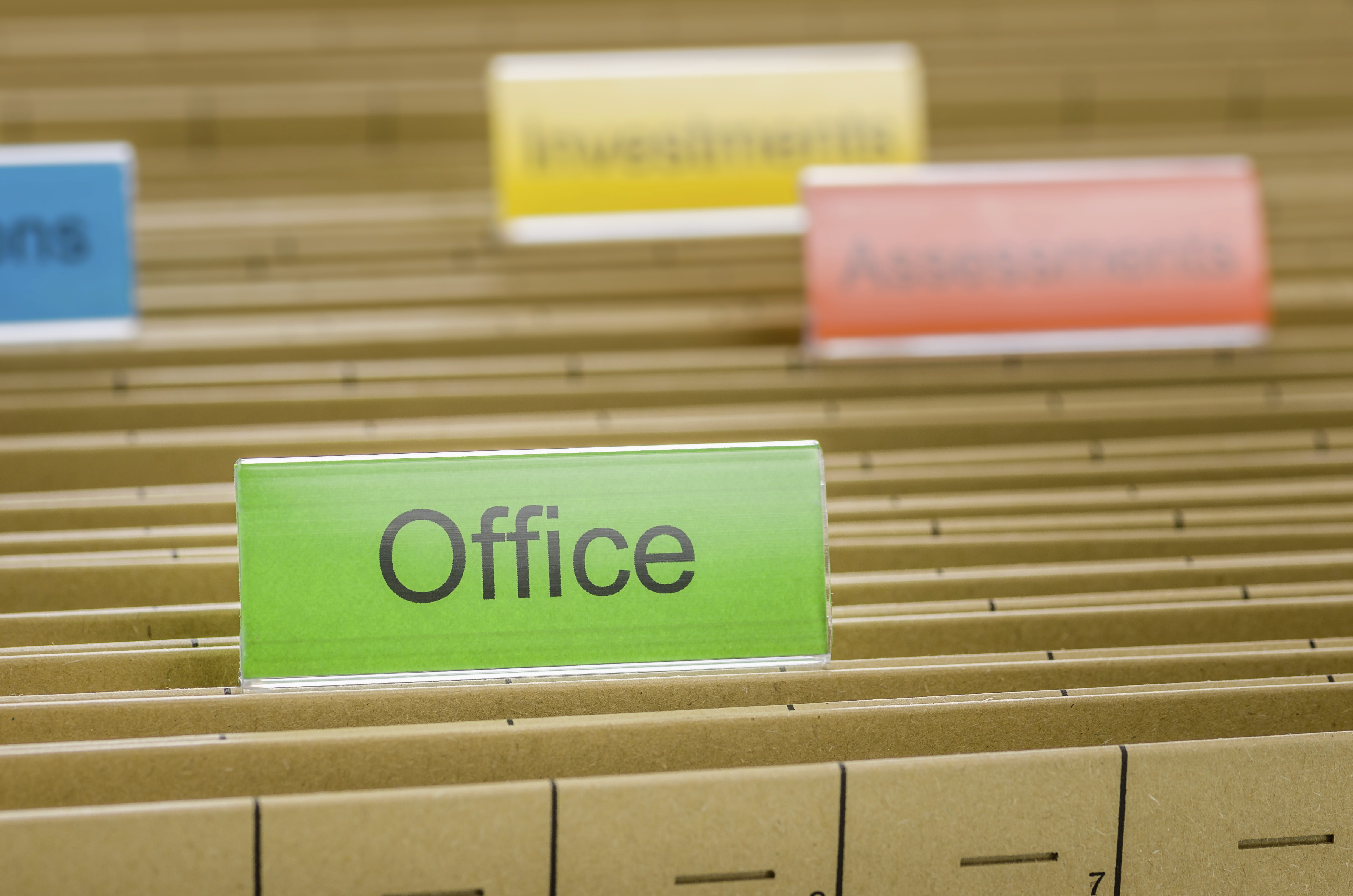Hanging file folder labeled with Office
